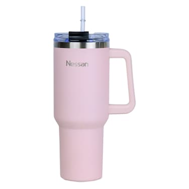 Nessan Double Wall Stainless Steel Travel Mug with Lid and Straw Pink 1200ml