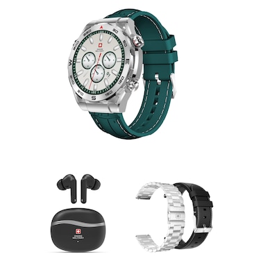 سويس ميلتاري  ساعة ذكية معدنية دوم 3 بتقنية جي بي إس -أخضر- وسماعات فيكتور 4 اللاسلكية بالكامل بتقنية البلوتوث -أسود- مع أحزمة بديلة