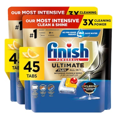 Finish Ultimate Plus Dishwasher Tablets, Lemon Scent, 3x More Cleaning Power, 90 Tabs
