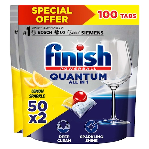 Finish Quantum All-in-1 Powerball Dishwasher Tablets Lemon Sparkle 50 Tablets Pack of 2