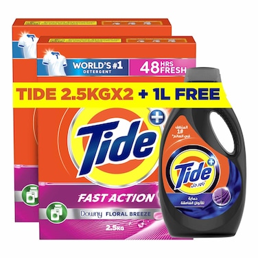 Tide Core+ Fast Action Detergent Powder Downy Floral Breeze 2.5kg Pack of 2 and Dark Protect Liquid Laundry Detergent 1L