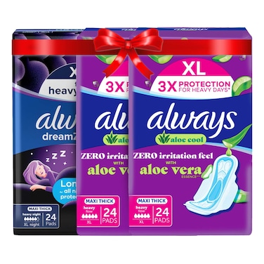 أولويز  فوطة  صحية  سميكة  بخلاصة الألوفيرا ، حجم كبير جدا، 24 فوطة، حزمة من 2 مع أولويز دريمز فوطة صحية  سميكة ليلية ،حجم كبيرجدا ، 24 فوطة