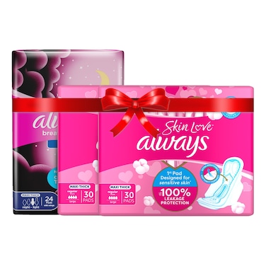 أولويز سكين لوف فوط صحية عادية  سميكة جدا  ، حزمة كبيرة، 30 فوطة، حزمة من 2 وفوط صحية ليلية  سميكة جدا من القطن قابلة للتنفس بأجنحة، 24 فوطة