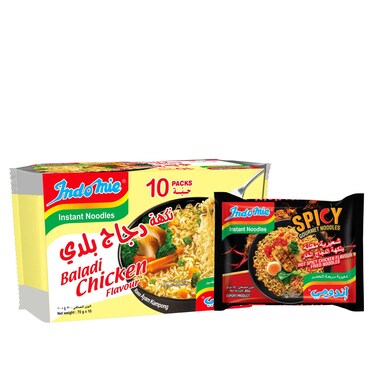 إندومي نودلز سريعة التحضير بنكهة الدجاج البلدي، 75 غرام حزمة من 10 مع نودلز سريعة التحضير مقلية بنكهة الدجاج الحار، 83 غرام