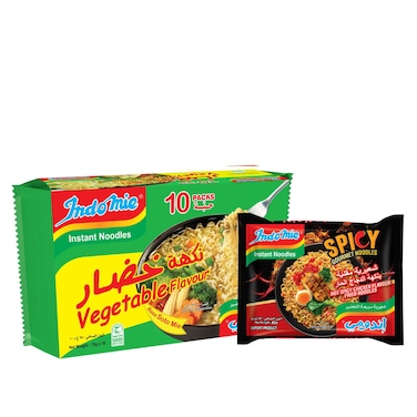 Indomie Vegetable Flavour Instant Noodles, 75g Pack of 10 with Spicy Chicken Flavour Fried Instant Noodles, 83g