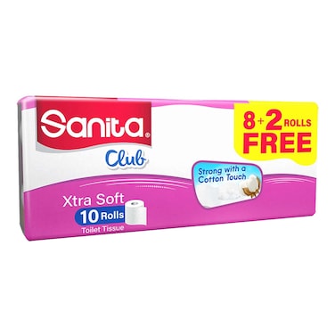 Sanita Club Extra Soft Toilet Paper Rolls 2 Ply 200 Sheet 11.2x9.6cm 22.4m 10 Rolls