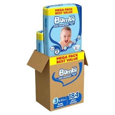 سانيتا بامبي حفاضات الأطفال الديناميكية مقاس متوسط 3، 6-11 كغ عبوة كبيرة 92 حفاض حزمة من 2