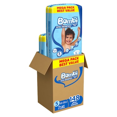 Sanita Bambi Dynamic Diapers Extra Large Size 5 12-22kg Mega Pack 74 Diapers Pack of 2
