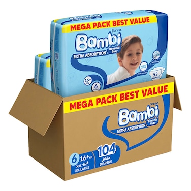 Sanita Bambi Dynamic Baby Diapers Double Extra Large Size 6 16kg+ Mega Pack 52 Diapers Pack of 2