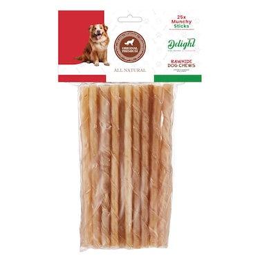 Delight Twisted Munchy Stick Rawhide Dog Chews 25 Stick 5inch 7 to 8mm