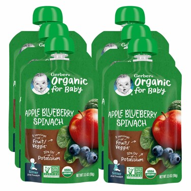 Gerber Organic Apple, Blueberry and Spinach Puree for Baby, 2nd Food, 99g, Pack of 6
