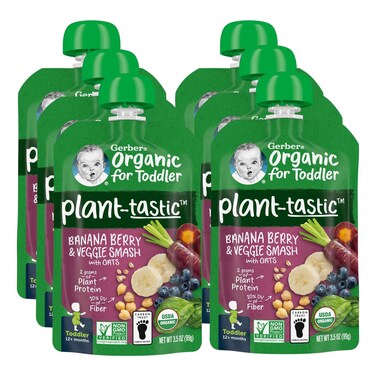 جيربر طعام عضوي نباتي رائع  مع هريس الموز والتوت والخضار مع الشوفان، كيس للأطفال الصغار من عمر 12 شهرًا فما فوق، 99 غرام، عبوة من 6 قطع