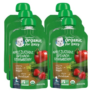 Gerber Organic with Apple, Zucchini, Spinach, Strawberry Puree for Baby, 2nd Foods, 99g, Pack of 6