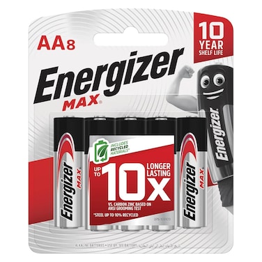 إنرجايزر ماكس القلوية  بطاريات مع سلسلة مفاتيح AA 8 قطع