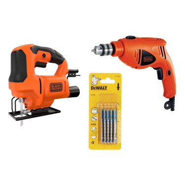 Black &amp; Decker Hammer Drill 500W and Variable Speed Jigsaw 400W with DeWalt HSS Blade Set