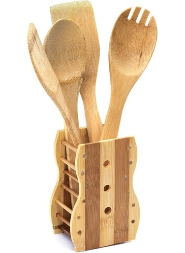 MADINA ALSAQER-Organic Bamboo 5 Piece Kitchen Tool Set-Spatula, Turner, Slotted Turner, Serving Spoon, Rice Spoon And Holder-Nonstick Utensil Set-Non-Scratch Cookware Tools