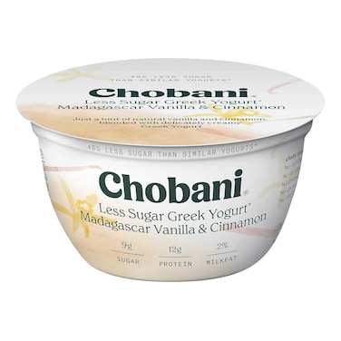 Chobani Less Sugar Low-Fat Greek Yogurt Madagascar Vanilla and Cinnamon 150g