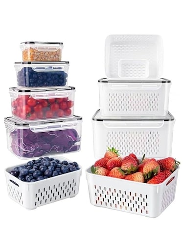4 PCS Large Fruit Containers for Fridge - Leakproof Food Storage Containers with Removable Colander - Dishwasher &amp; Microwave Safe Produce Containers Keep Fruits, Vegetables, Berry, Meat Fresh longer