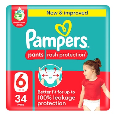 بامبرز حفاض بتصميم سروال للحماية من الطفح الجلدي مقاس 6 للأطفال بوزن 16 كغ + 34 حفاض