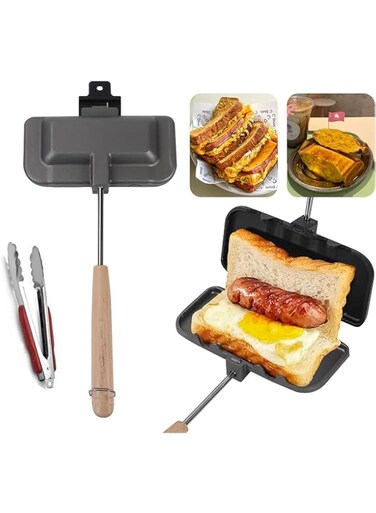 Paporich Hot Sandwich Maker, Hot Dog Toaster with Stainless Steel Barbecue Clip, Double Sided Sandwich Baking Pan, Double Sided Frying Pan, for Breakfast Pancakes, Toast, Outdoor, Camping