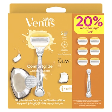 Gillette Venus Comfortglide Plus Olay Razor Handle with Blades Coconut Scent Pack of 6