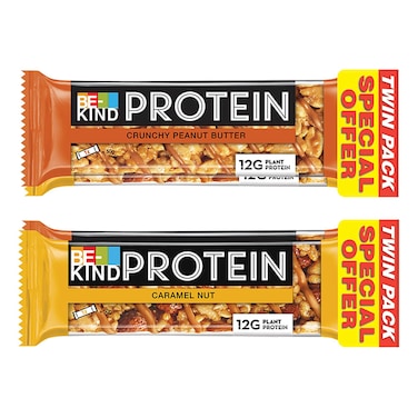 Be-Kind Crunchy Peanut Butter Protein Bar, 50g and Caramel Nut Protein Bar, 50g
