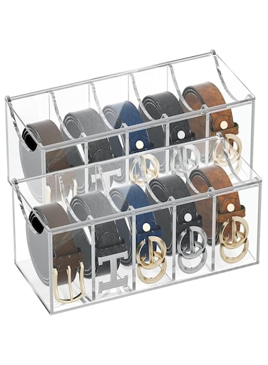 YEMMEN Belt Organizer for Closet - 2Pack Acrylic Belt Storage Holder for Home, Comes with Dust Cover, 2 Pack Five Compartments for Clean and Tidy Storage of Belts, Ties, and Other Items (5P-2Pack)
