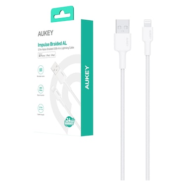 Aukey Impulse Nylon Braided AL USB-A To Lightning Data Sync And Charging Cable White 0.9m