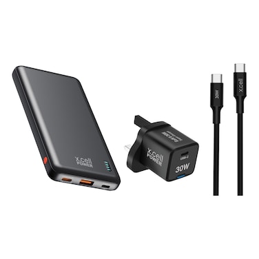 X.Cell Power Bank Black 10000mAh With GaN II Wall Charger Black 30W And USB Charging Cable Black