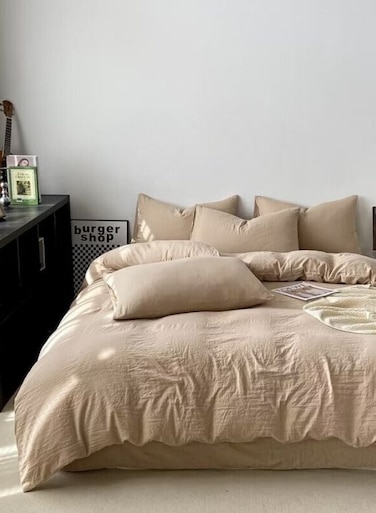 Home Single size 4 pieces Bedding Set Without Filling, Washable Cotton Beige Color.