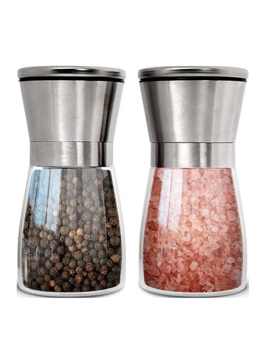 Stainless Steel Salt and Pepper Grinder Set of 2 - Pepper Mill &amp; Salt Mill with Adjustable Coarseness - Glass Spice Shakers