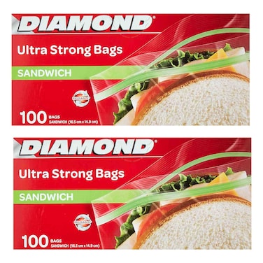 Diamond Ultra Strong Zipped Sandwich Bags 100 Bags 16.5x14.9cm Pack of 2