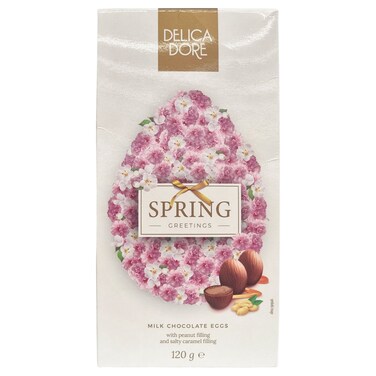 Delicadore Spring Greetings Easter Milk Chocolate Eggs Pralines with Peanut and Salty Caramel Filling, 120g