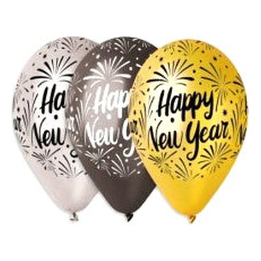 جيمر بالونات ميتاليك سنة جديدة سعيدة 12 بوصة 50 قطعة - ذهبي و أسود و فضي