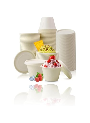 50 Sets Natural Bagasse Fiber Paper Cups (4oz) - Small Chili Bowls, Disposable and recyclable, Portion Cups for Sample Condiment Tasting, Serving Sauce, Snack, Ice Cream, Microwave Safe (with Lids)