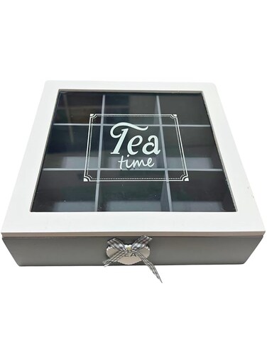 Wooden Tea Storage Box with 9 Compartments &ndash; Elegant Tea Bag Organizer with Clear Lid, Rustic Kitchen Tea Holder for Home &amp; Office