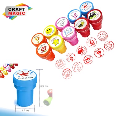 CRAFT MAGIC 10 Pack Motivational Stamps for Kids &ndash; Emoji Stamp, Educational Toys Art and Craft School Supplies, Coloring &amp; Stamping Set for Girls &amp; Boys 3 Years +, Multicolor Learning Toys