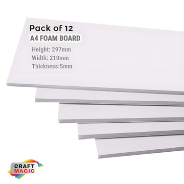 CRAFT MAGIC Pack of 12 Foam Board for Craft 5mm Thick A4 Size for Projects, White Matte Board Sheets for Signboards, DIY Arts and Crafts, Framing, Display, Decoration.