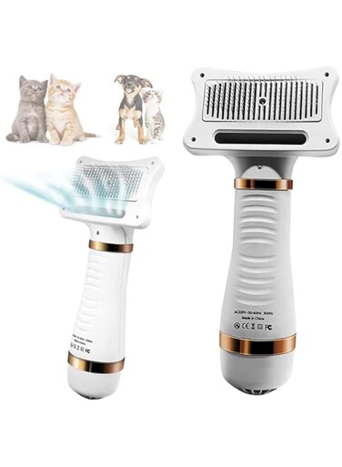 Jemey Pet Hair Dryer, 2 in 1 Cats Dogs Grooming Hair Dryer with Slicker Brush, Pet Hair Dryer with 3 Temperatures Settings for Small Medium Large Cats Dogs Post-Shower Styling