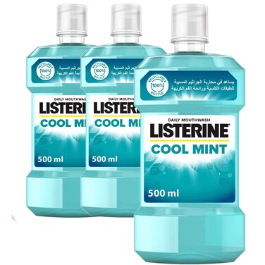 Listerine Mouthwash Cool Mint, freshens breath, helps kill germs 500ml Pack of 3
