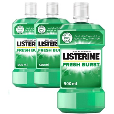 Listerine Mouthwash Fresh Burst, Long-Lasting Mint, 500ml Pack of 3