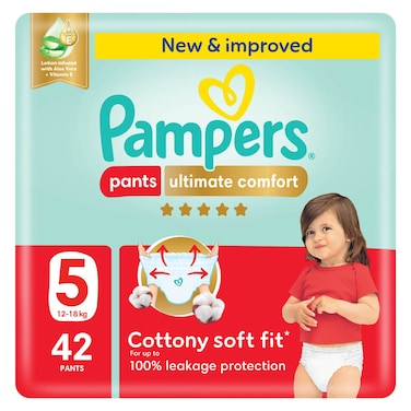 Pampers Ultimate Comfort Diaper Pants, Cottony Soft Fit, Size 5 (12-18 kg), 42 Diapers