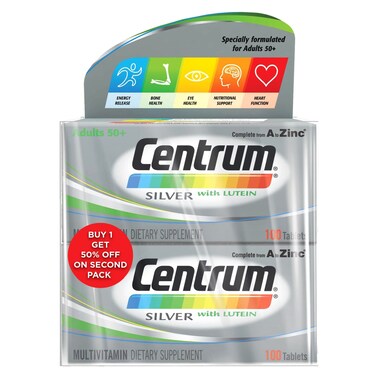 سنتروم كمبليت من A إلى الزنك الفضي مع لوتين متعدد الفيتامينات مكمل غذائي للبالغين 50 سنة فما فوق 100 قرص حزمة من 2