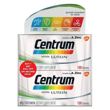 Centrum Complete from A to Zinc with Lutein Multivitamin Dietary Supplement Tablet for Adults 100 Tablets Pack of 2