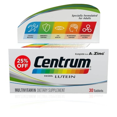 سنتروم كمبليت من A إلى الزنك مع لوتين متعدد الفيتامينات مكمل غذائي للبالغين 30 قرص