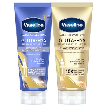 Vaseline Essential Even Tone Gluta-Hya Overnight Radiance Restore Serum Burst Lotion, 200ml + Vaseline Essential Even Tone Gluta-Hya Flawless Glow Serum Burst UV Lotion, 200ml