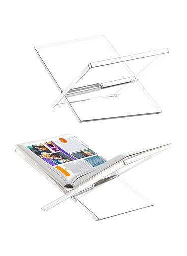 Amasrich Acrylic Book Stand for Reading-Clear Cookbook Holder-Hands Free-Small Base X Shape Displaying Magazine- Recipe Holder for Desk-Large Wide for Kitchen Counter