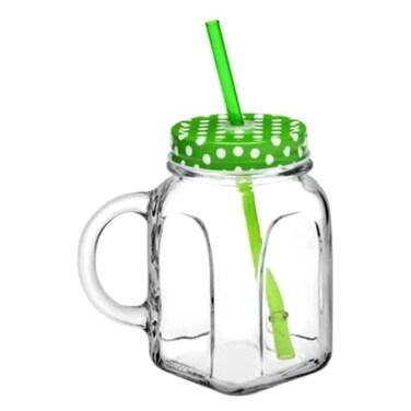 Pasabahce Homemade Glass Mug with Green Lid and Straw 450ml