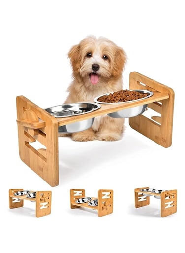 Beauenty Raised Tilted Dog Bowl, Elevated Slanted Feeding Bowl for Small Dogs, Pet Food and Water Bowl with Adjustable Bamboo Stand, Anti Slip Dog Cat Feeder with 2 Stainless Steel Bowls