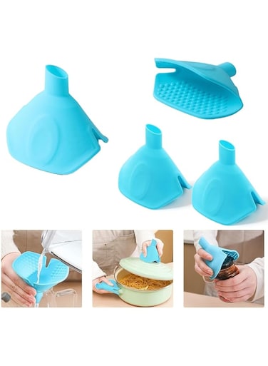 Azonee Multifunctional Silicone Funnel Insulation Clamp, 4PCS Kitchen Funnel, Heat Insulation Clip For Anti Scalding Dishes, Fan Shaped Silicone Aperture Funnel for Easy Use (Blue)